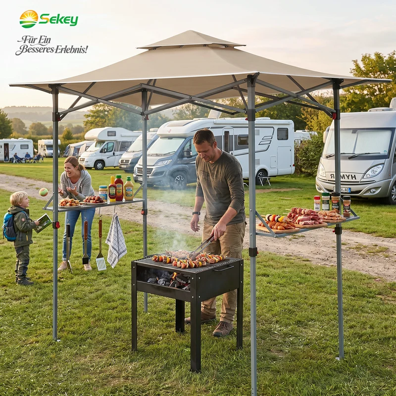 Sekey Grillpavillon Faltbar 250 x 150 cm – Wetterfest & Winterfest, Pop-Up Grillüberdachung mit UV-Schutz 50+, Tragbarer BBQ Pavillon für Garten, Terrasse & Camping