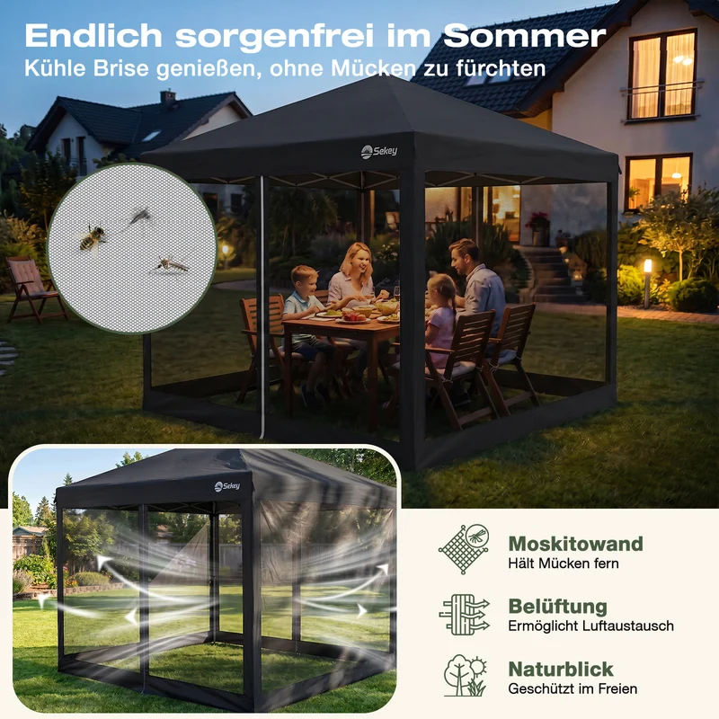 Sekey Pop Up Pavillon 3x3 m mit Moskitonetz – Wasserdicht, Winterfest, Höhenverstellbarer Faltpavillon mit 4 Sandsäcken, UV-Schutz 50+, Garten- & Campingzelt