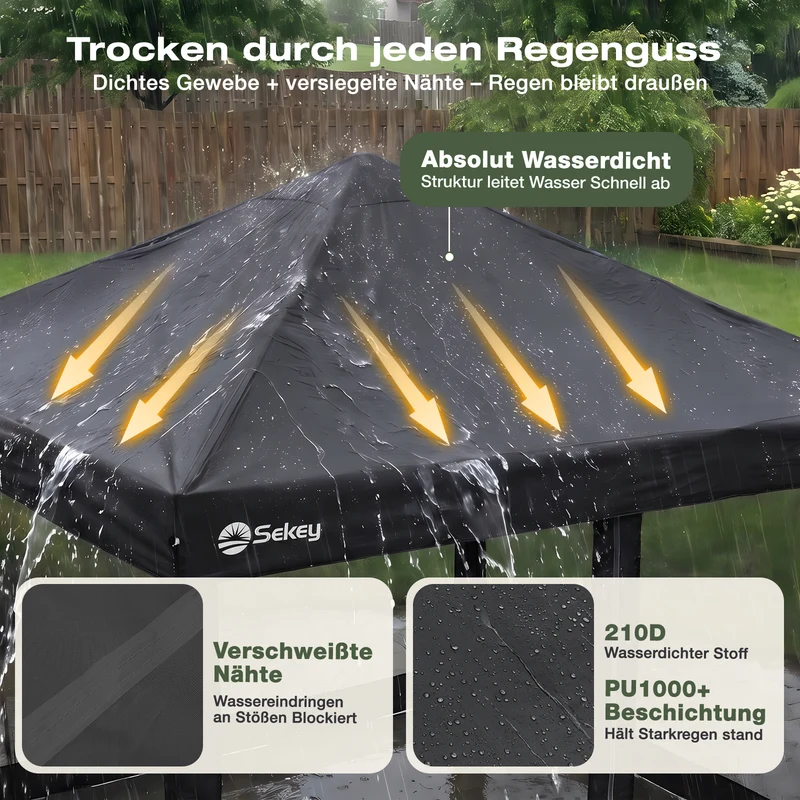 Sekey Pop Up Pavillon 3x3 m mit Moskitonetz – Wasserdicht, Winterfest, Höhenverstellbarer Faltpavillon mit 4 Sandsäcken, UV-Schutz 50+, Garten- & Campingzelt