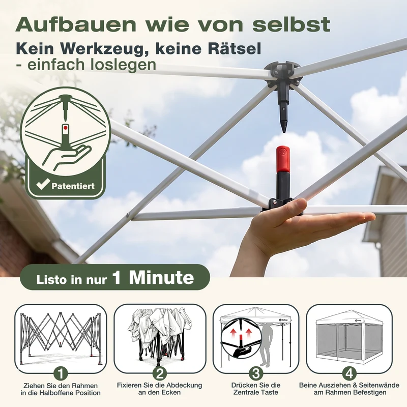 Sekey Pop Up Pavillon 3x3 m mit Moskitonetz – Wasserdicht, Winterfest, Höhenverstellbarer Faltpavillon mit 4 Sandsäcken, UV-Schutz 50+, Garten- & Campingzelt
