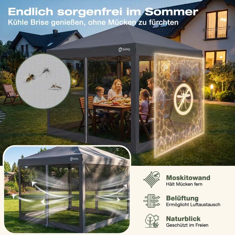 Sekey Pop Up Pavillon 3x3 m mit Moskitonetz – Wasserdicht, Winterfest, Höhenverstellbarer Faltpavillon mit 4 Sandsäcken, UV-Schutz 50+, Garten- & Campingzelt