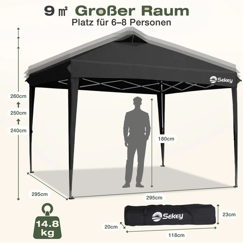 Sekey Pop Up Pavillon 3x3 m Wasserdicht & Winterfest – Faltpavillon mit One-Touch Aufbau, stabiler Gartenpavillon mit Belüftung, UV-Schutz 50+, Partyzelt inkl. Zubehör