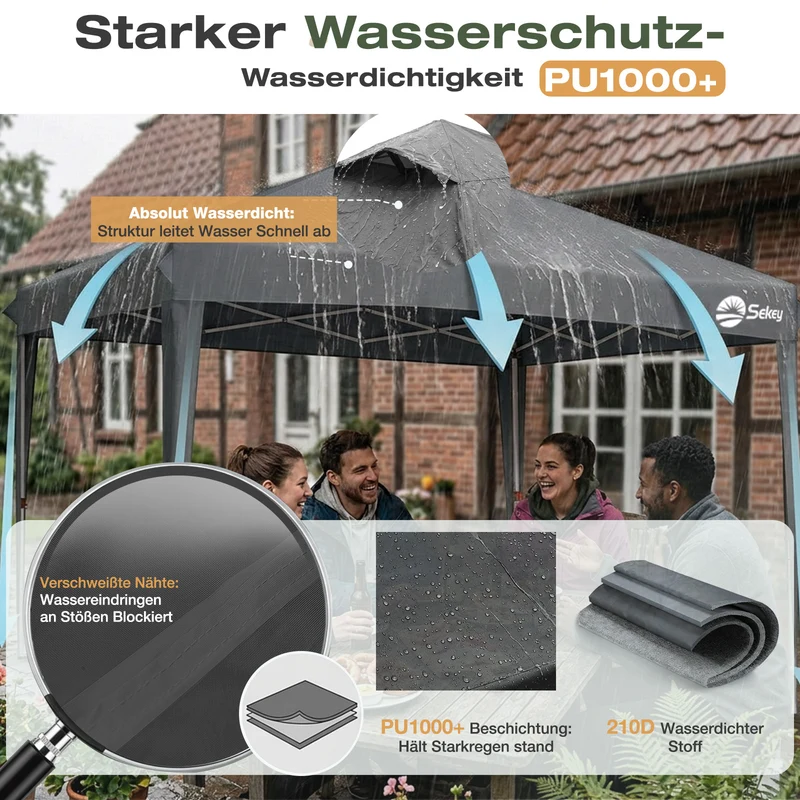 Sekey Pop Up Pavillon 3x3 m Wasserdicht & Winterfest – Faltpavillon mit One-Touch Aufbau, stabiler Gartenpavillon mit Belüftung, UV-Schutz 50+, Partyzelt inkl. Zubehör