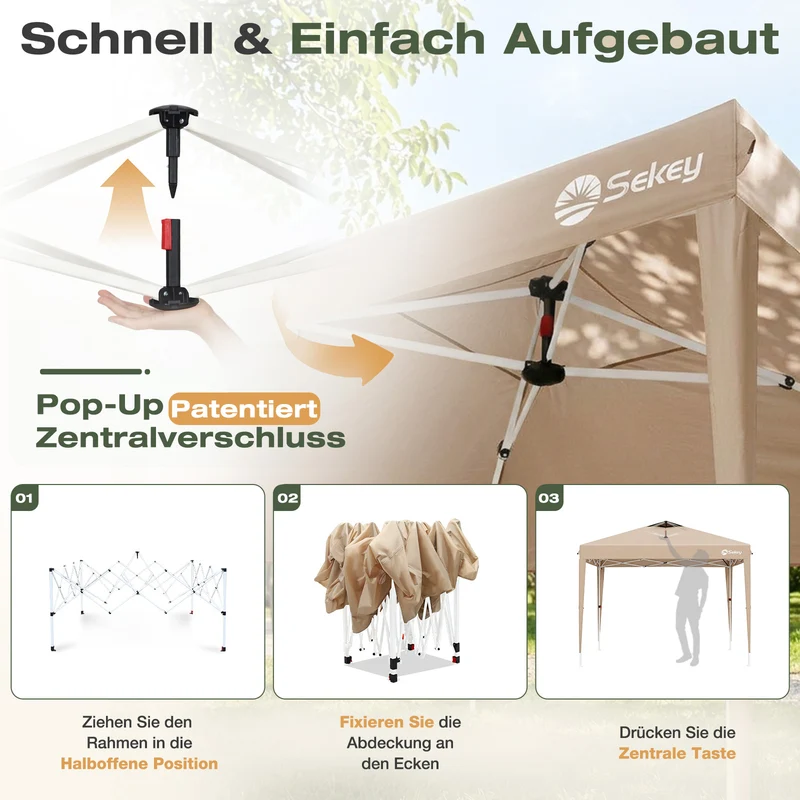 Sekey Pop Up Pavillon 3x3 m Wasserdicht & Winterfest – Faltpavillon mit One-Touch Aufbau, stabiler Gartenpavillon mit Belüftung, UV-Schutz 50+, Partyzelt inkl. Zubehör