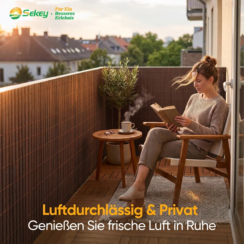 Sekey Balkon Sichtschutz in Holz-Optik Braun – Wetterfeste Sichtschutzmatte aus Kunststoff, Wasserdicht, UV-beständig & Schimmelfrei, Windschutz für Balkon, Garten & Terrasse inkl. Kabelbinder