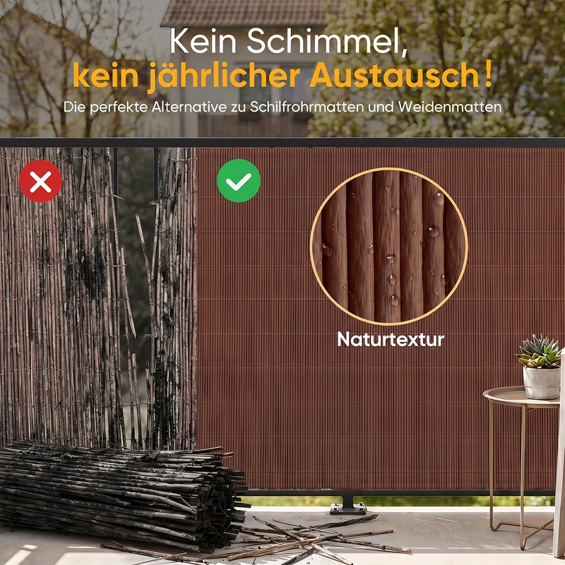 Sekey Balkon Sichtschutz in Holz-Optik Braun – Wetterfeste Sichtschutzmatte aus Kunststoff, Wasserdicht, UV-beständig & Schimmelfrei, Windschutz für Balkon, Garten & Terrasse inkl. Kabelbinder