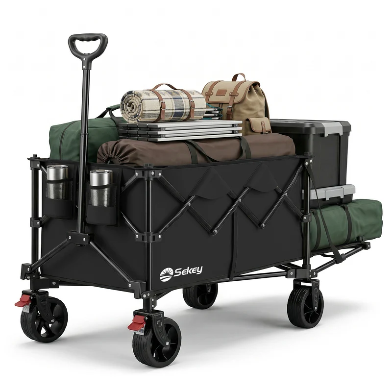 Sekey Bollerwagen faltbar bis 150 kg, 160–240 L Handwagen mit erweiterbarer Heckklappe, faltbarer Transportwagen mit 360° Rädern & Bremse, 600D Oxford-Stoff, für Garten, Camping & Hund, 3027