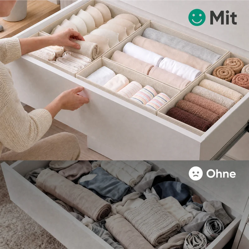 Sekey Aufbewahrungsboxen Set 6er Set aus Vliesstoff – Faltbare Stoffboxen Organizer für Schubladen & Regale, Beige, Größenmix S für Kleidung, Unterwäsche & Accessoires