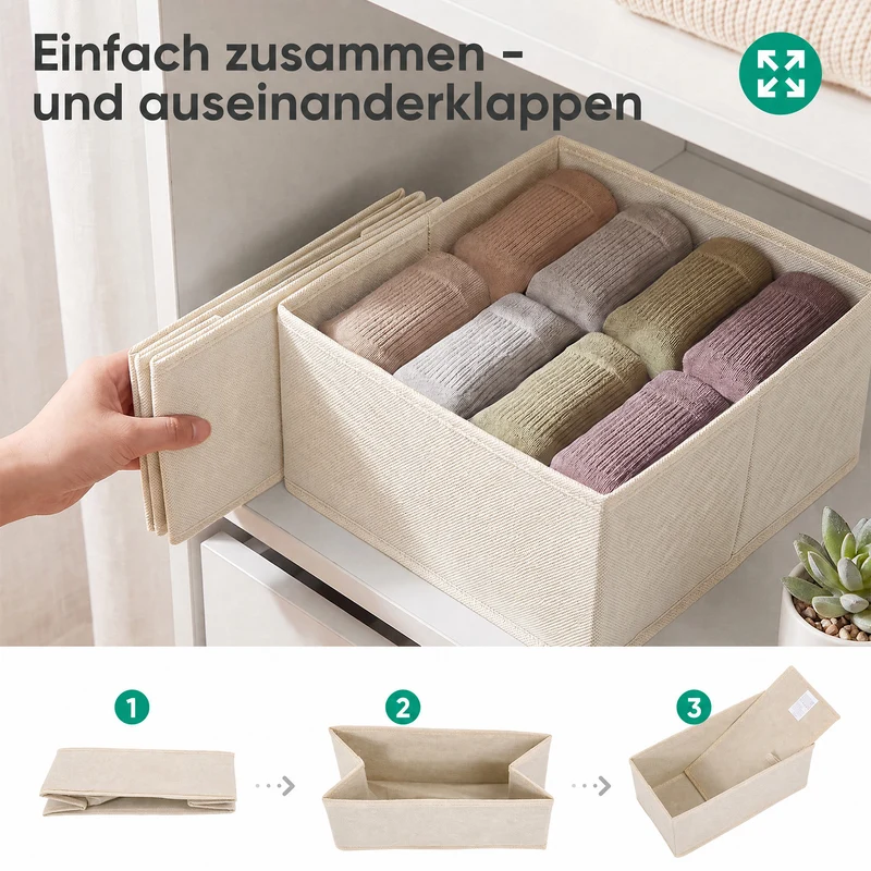 Sekey Aufbewahrungsboxen Set 6er Set aus Vliesstoff – Faltbare Stoffboxen Organizer für Schubladen & Regale, Beige, Größenmix S für Kleidung, Unterwäsche & Accessoires