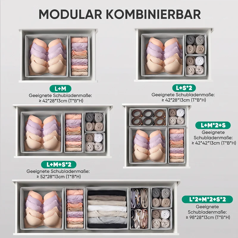Sekey Aufbewahrungsboxen Set 6er Set aus Vliesstoff – Faltbare Stoffboxen Organizer für Schubladen & Regale, Hellgrau, Größenmix S für Kleidung, Unterwäsche & Accessoires
