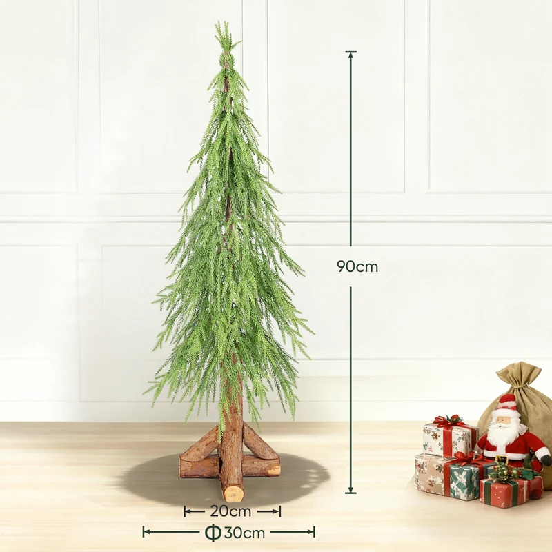 Salcar Künstlicher Weihnachtsbaum mit echtem Holzstamm – 100 % PE, zartgrün – 90 cm / 120 cm, naturgetreu & pflegeleicht