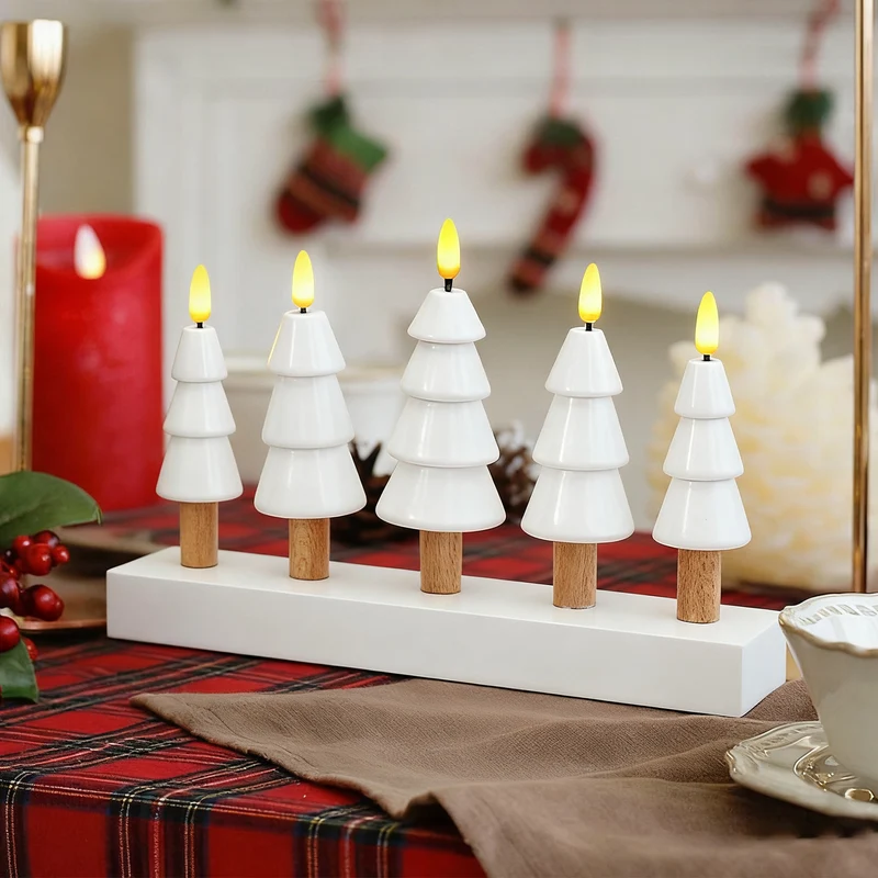 Salcar LED Weihnachtskerzenbaum – 5-flammiger Tischleuchter aus Holz, Warmweiß – Batteriebetriebenes LED Dekolicht für Advent & Weihnachten