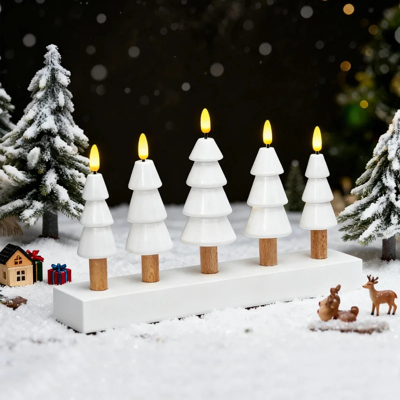 Salcar LED Weihnachtskerzenbaum – 5-flammiger Tischleuchter aus Holz, Warmweiß – Batteriebetriebenes LED Dekolicht für Advent & Weihnachten