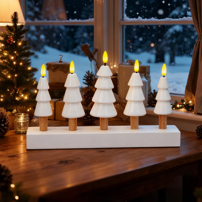 Salcar LED Weihnachtskerzenbaum – 5-flammiger Tischleuchter aus Holz, Warmweiß – Batteriebetriebenes LED Dekolicht für Advent & Weihnachten