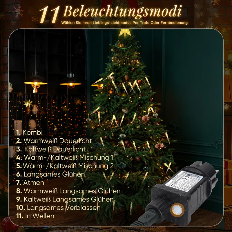 Salcar LED Lichterkette Weihnachtsbaum mit funkelnden Eiszapfen – Warm- & Kaltweiß, 11 Modi, Timer & Fernbedienung, IP44 wassergeschützt für Innen & Außen