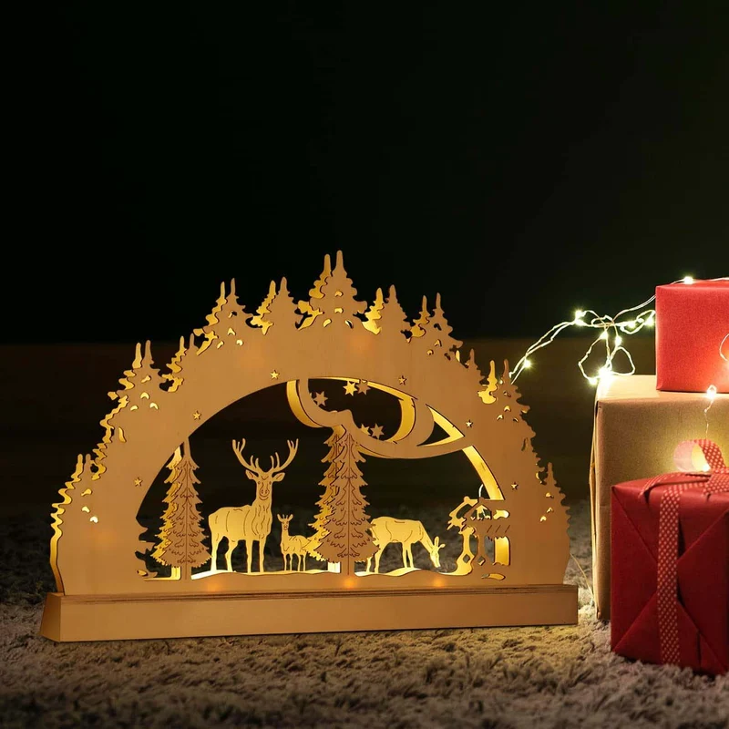 Salcar LED Schwibbogen Weihnachten mit 10 LEDs – Batteriebetriebener Holz-Lichterbogen, Warmweißes Licht, Weihnachtsdeko für Innen, Fenster & Tisch