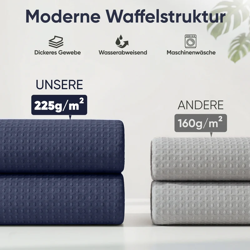 Sekey Dunkelblau Duschvorhang 180 × 200 cm, Textil Badewannenvorhang mit Waffelstruktur, Wasserabweisend & Waschbar, 100 % Polyester, mit Beschwerungsband & 12 Edelstahlringen