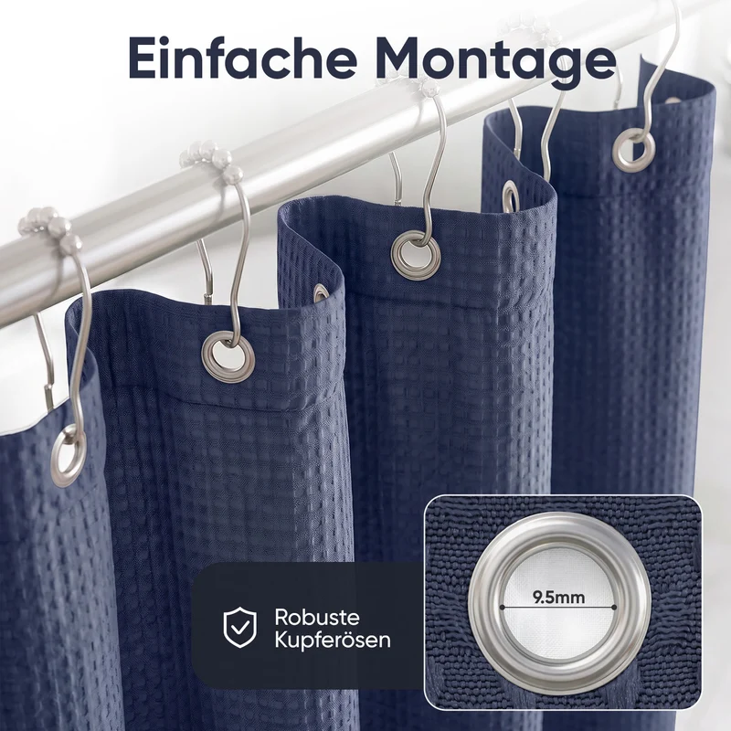 Sekey Dunkelblau Duschvorhang 180 × 200 cm, Textil Badewannenvorhang mit Waffelstruktur, Wasserabweisend & Waschbar, 100 % Polyester, mit Beschwerungsband & 12 Edelstahlringen