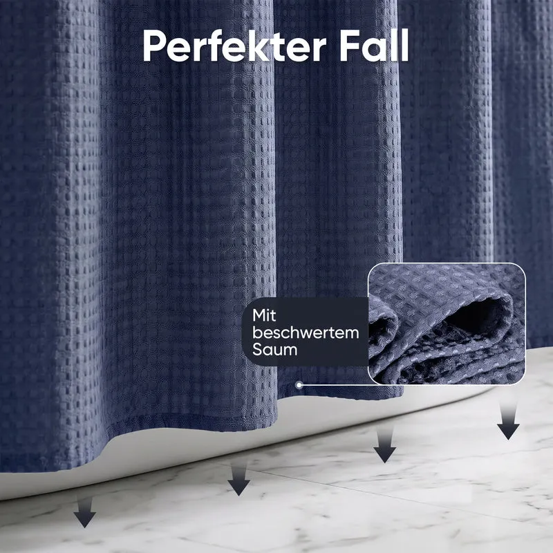 Sekey Dunkelblau Duschvorhang 180 × 200 cm, Textil Badewannenvorhang mit Waffelstruktur, Wasserabweisend & Waschbar, 100 % Polyester, mit Beschwerungsband & 12 Edelstahlringen