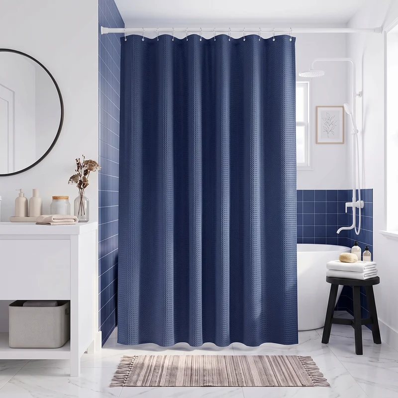 Sekey Dunkelblau Duschvorhang 180 × 200 cm, Textil Badewannenvorhang mit Waffelstruktur, Wasserabweisend & Waschbar, 100 % Polyester, mit Beschwerungsband & 12 Edelstahlringen