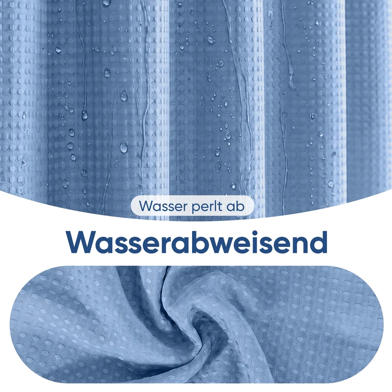 Sekey Blau Duschvorhang 180 × 200 cm, Textil Badewannenvorhang mit Waffelstruktur, Wasserabweisend & Waschbar, 100 % Polyester, mit Beschwerungsband & 12 Edelstahlringen
