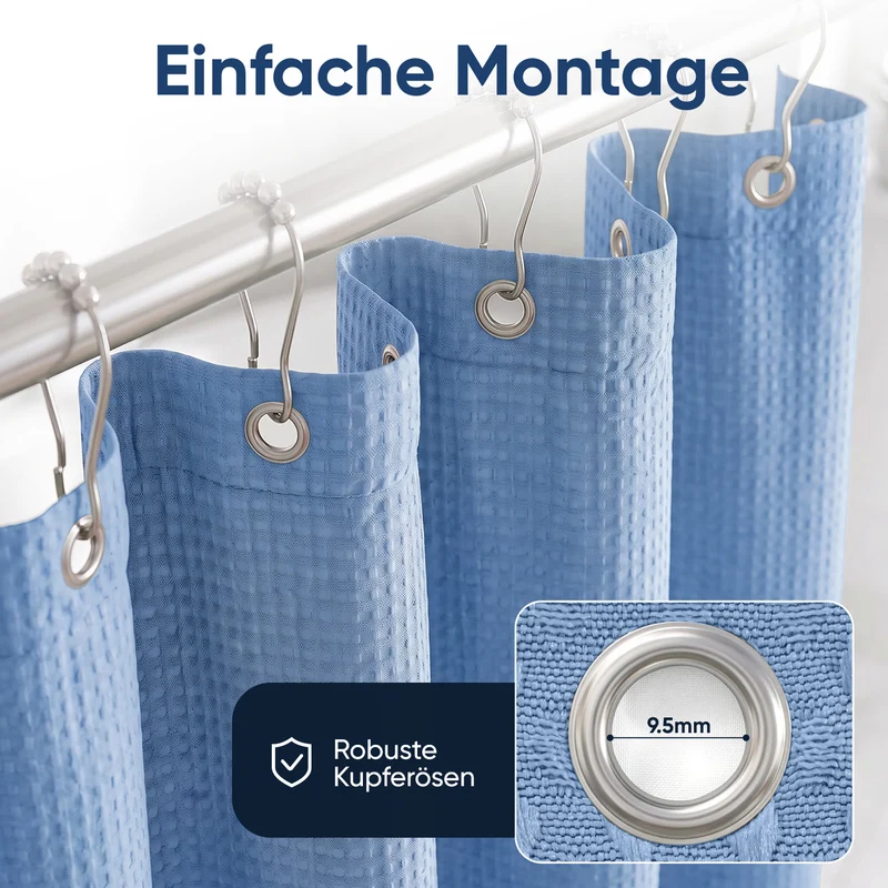 Sekey Blau Duschvorhang 180 × 200 cm, Textil Badewannenvorhang mit Waffelstruktur, Wasserabweisend & Waschbar, 100 % Polyester, mit Beschwerungsband & 12 Edelstahlringen