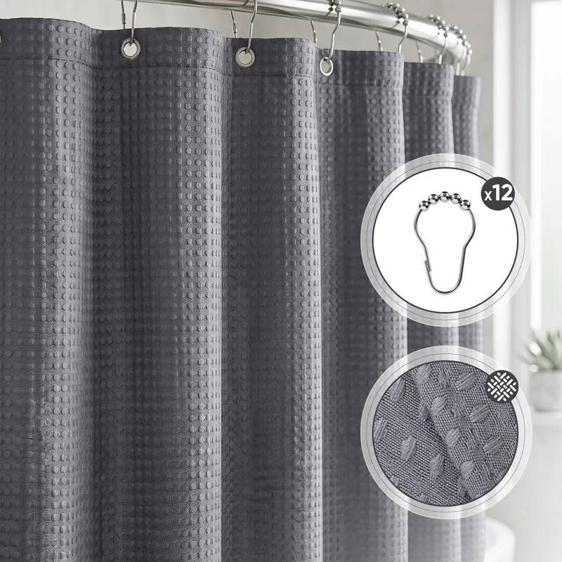 Sekey Dunkelgrau Duschvorhang 180 × 200 cm, Textil Badewannenvorhang mit Waffelstruktur, Wasserabweisend & Waschbar, 100 % Polyester, mit Beschwerungsband & 12 Edelstahlringen