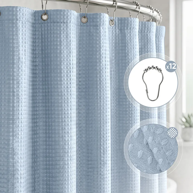 Sekey Nebelblau Duschvorhang 180 × 200 cm, Textil Badewannenvorhang mit Waffelstruktur, Wasserabweisend & Waschbar, 100 % Polyester, mit Beschwerungsband & 12 Edelstahlringen