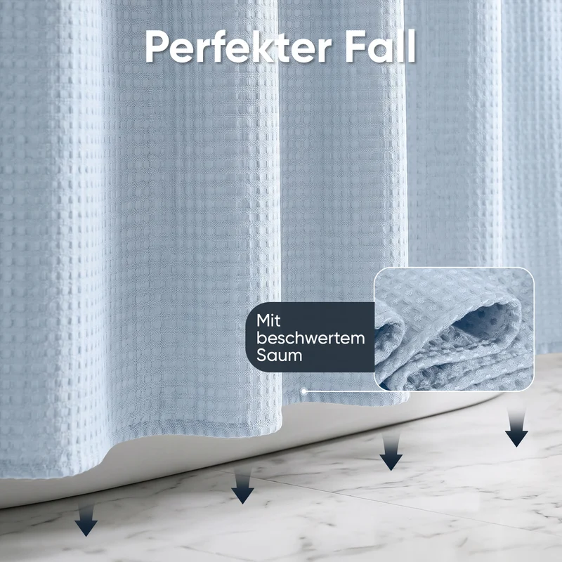 Sekey Nebelblau Duschvorhang 180 × 200 cm, Textil Badewannenvorhang mit Waffelstruktur, Wasserabweisend & Waschbar, 100 % Polyester, mit Beschwerungsband & 12 Edelstahlringen