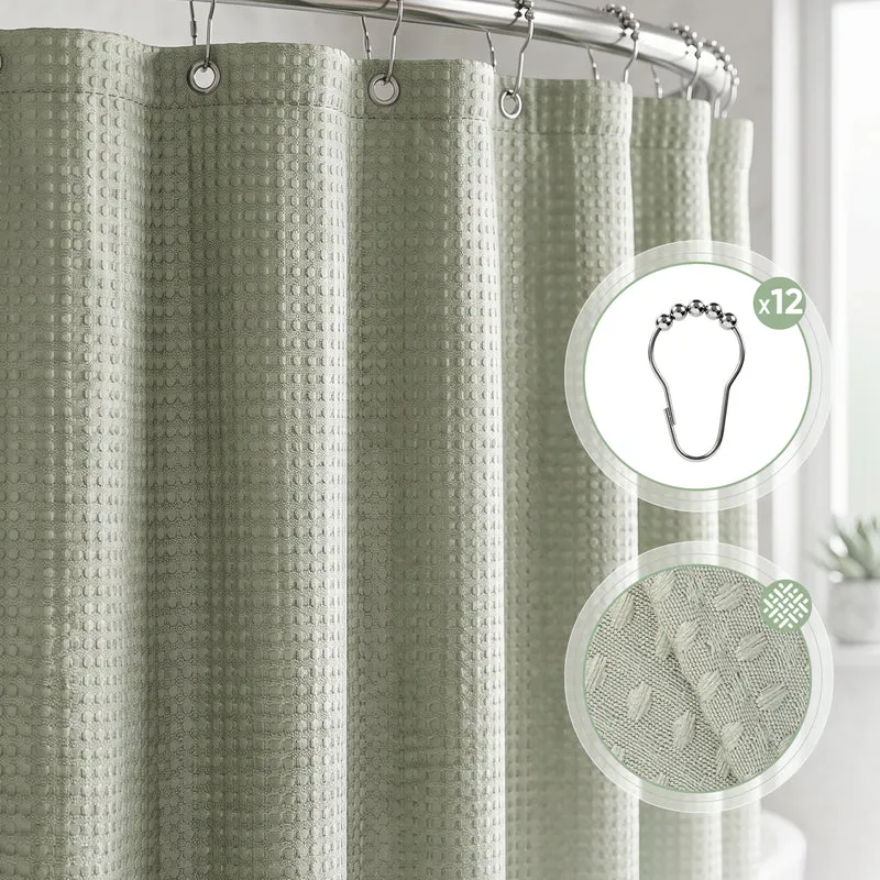 Sekey Grün Duschvorhang 180 × 200 cm, Textil Badewannenvorhang mit Waffelstruktur, Wasserabweisend & Waschbar, 100 % Polyester, mit Beschwerungsband & 12 Edelstahlringen
