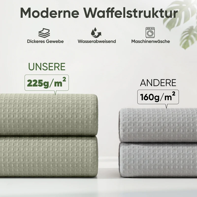 Sekey Grün Duschvorhang 180 × 200 cm, Textil Badewannenvorhang mit Waffelstruktur, Wasserabweisend & Waschbar, 100 % Polyester, mit Beschwerungsband & 12 Edelstahlringen