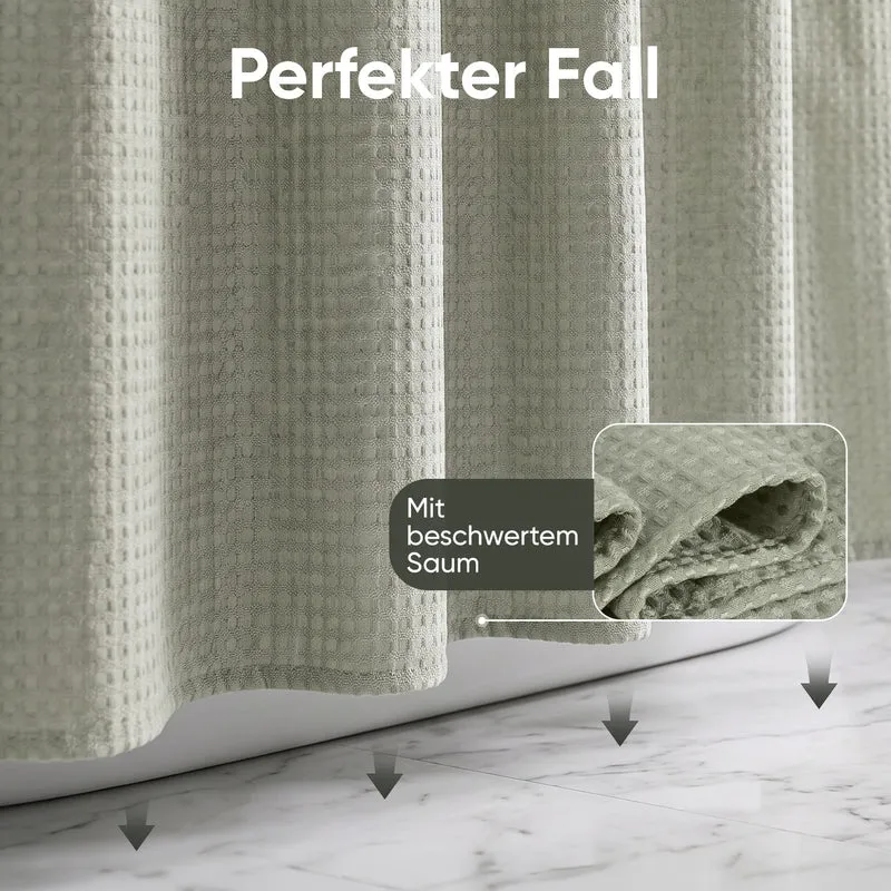 Sekey Grün Duschvorhang 180 × 200 cm, Textil Badewannenvorhang mit Waffelstruktur, Wasserabweisend & Waschbar, 100 % Polyester, mit Beschwerungsband & 12 Edelstahlringen