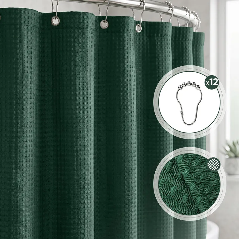Sekey Dunkelgrün Duschvorhang 180 × 200 cm, Textil Badewannenvorhang mit Waffelstruktur, Wasserabweisend & Waschbar, 100 % Polyester, mit Beschwerungsband & 12 Edelstahlringen