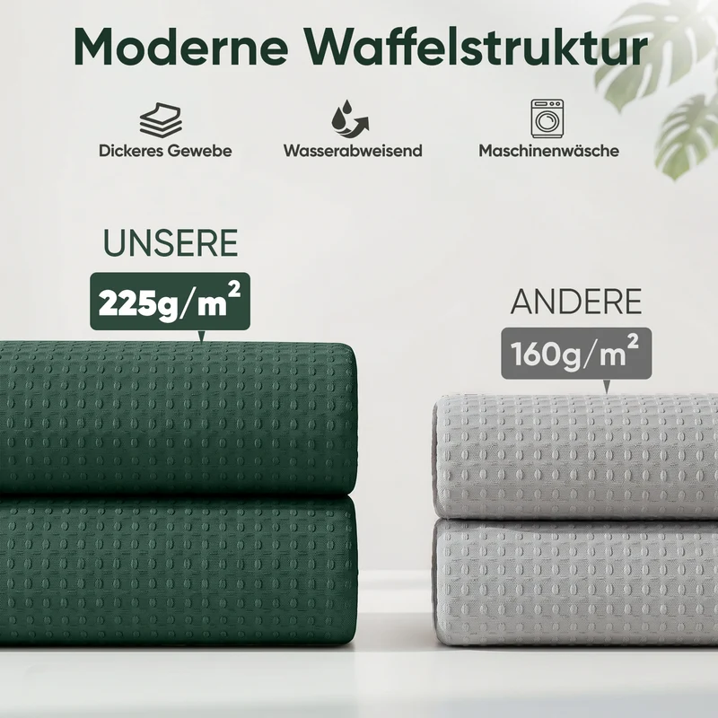 Sekey Dunkelgrün Duschvorhang 180 × 200 cm, Textil Badewannenvorhang mit Waffelstruktur, Wasserabweisend & Waschbar, 100 % Polyester, mit Beschwerungsband & 12 Edelstahlringen