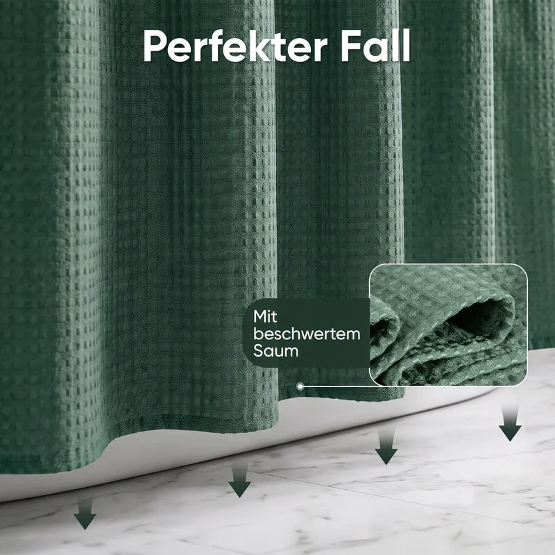 Sekey Dunkelgrün Duschvorhang 180 × 200 cm, Textil Badewannenvorhang mit Waffelstruktur, Wasserabweisend & Waschbar, 100 % Polyester, mit Beschwerungsband & 12 Edelstahlringen