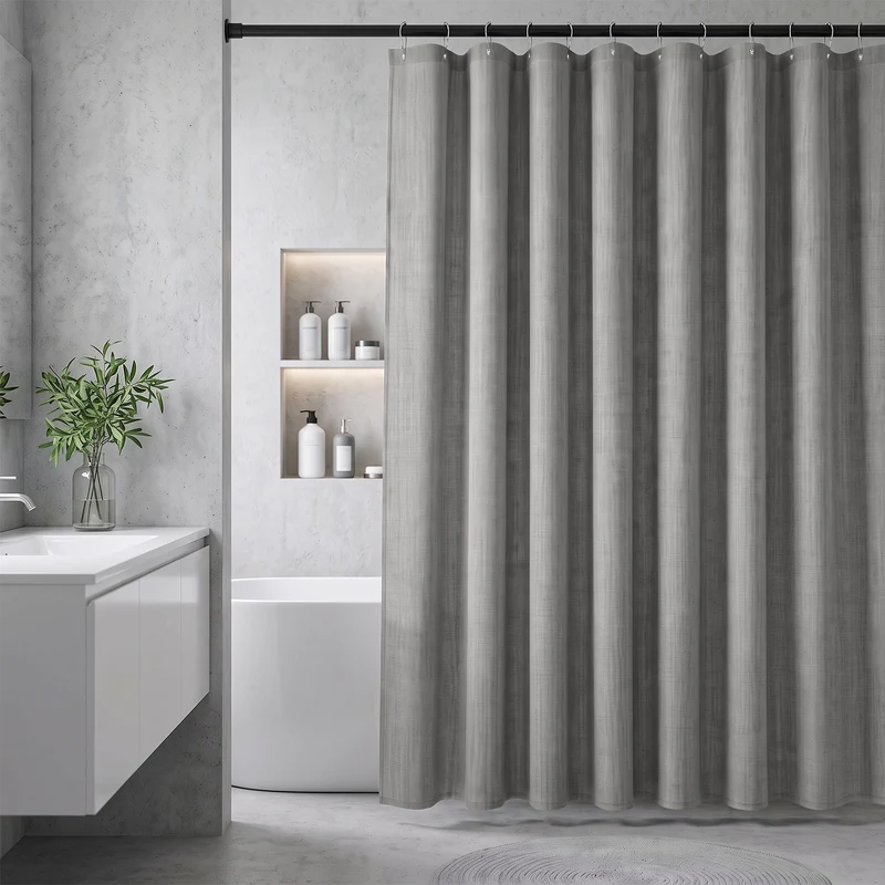 Sekey Hellgrau Duschvorhang 180 × 200 cm, Textil Badewannenvorhang in Leinenoptik, Wasserabweisend & Waschbar, 100 % Polyester, mit Beschwerungsband & 12 Edelstahlringen