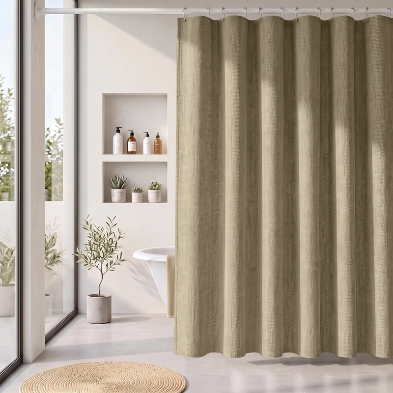Sekey Hellbraun Duschvorhang 180 × 200 cm, Textil Badewannenvorhang in Leinenoptik, Wasserabweisend & Waschbar, 100 % Polyester, mit Beschwerungsband & 12 Edelstahlringen