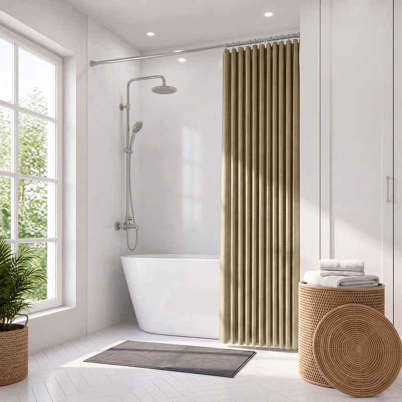 Sekey Hellbraun Duschvorhang 180 × 200 cm, Textil Badewannenvorhang in Leinenoptik, Wasserabweisend & Waschbar, 100 % Polyester, mit Beschwerungsband & 12 Edelstahlringen