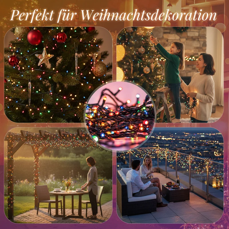 Salcar LED Cluster Lichterkette Außen & Innen, 500/1000 LEDs, Warmweiß oder Bunt 8 Modi, Timer & Memory, Spritzwassergeschützt Dichte Weihnachtslichterkette für Baum, Garten & Deko