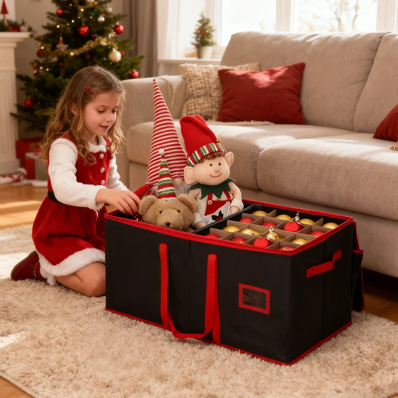 Salcar Schwarze Aufbewahrungsbox für 128 Weihnachtskugeln Faltbare Christbaumkugel-Box 64,8×32,3×34,2 cm mit 128 Fächern, Tragegriffen & Doppelreißverschluss