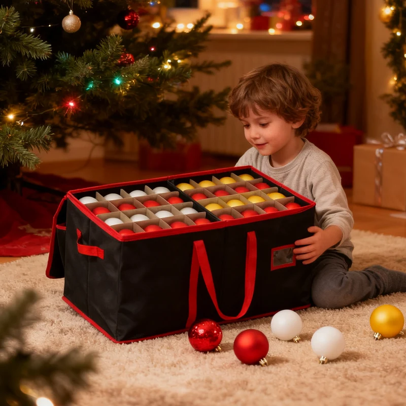 Salcar Schwarze Aufbewahrungsbox für 128 Weihnachtskugeln Faltbare Christbaumkugel-Box 64,8×32,3×34,2 cm mit 128 Fächern, Tragegriffen & Doppelreißverschluss