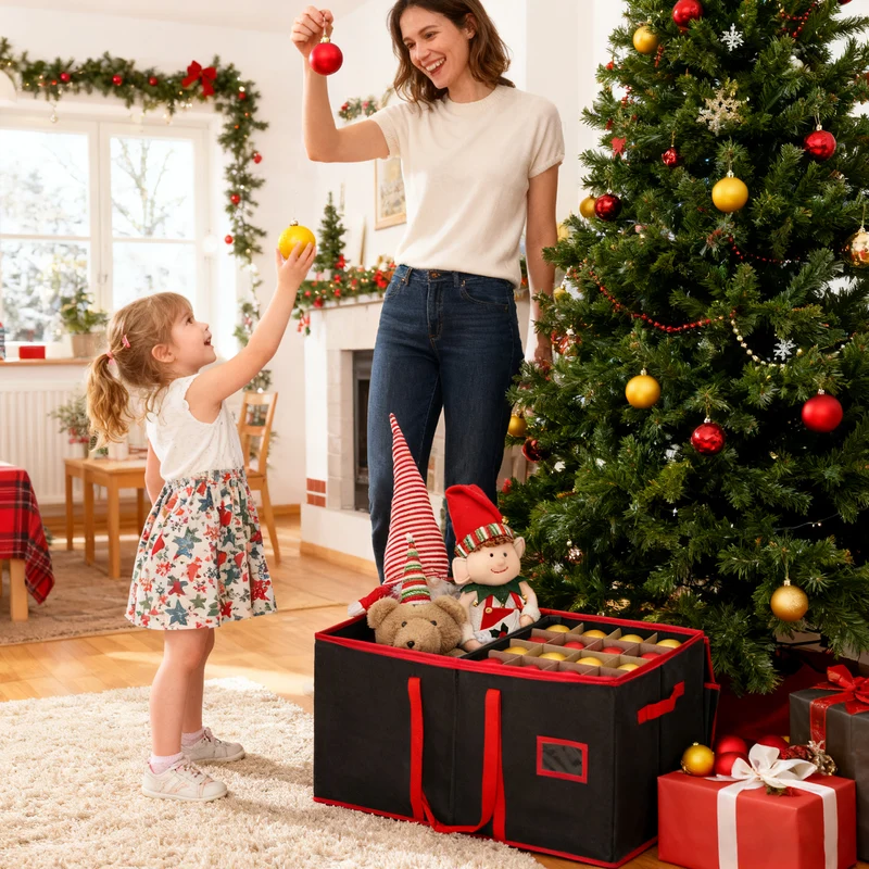 Salcar Schwarze Aufbewahrungsbox für 128 Weihnachtskugeln Faltbare Christbaumkugel-Box 64,8×32,3×34,2 cm mit 128 Fächern, Tragegriffen & Doppelreißverschluss