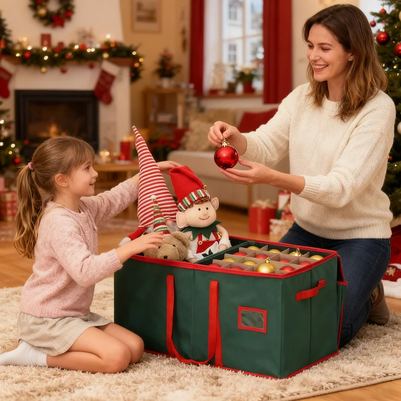 Salcar Grüne Aufbewahrungsbox für 128 Weihnachtskugeln – Faltbare Christbaumkugel-Box 64,8×32,3×34,2 cm mit 128 Fächern, Tragegriffen & Doppelreißverschluss