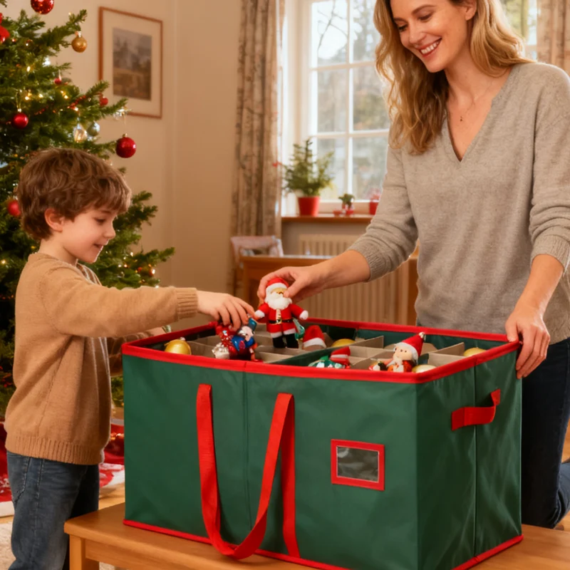 Salcar Grüne Aufbewahrungsbox für 128 Weihnachtskugeln – Faltbare Christbaumkugel-Box 64,8×32,3×34,2 cm mit 128 Fächern, Tragegriffen & Doppelreißverschluss