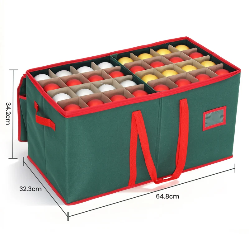 Salcar Grüne Aufbewahrungsbox für 128 Weihnachtskugeln – Faltbare Christbaumkugel-Box 64,8×32,3×34,2 cm mit 128 Fächern, Tragegriffen & Doppelreißverschluss