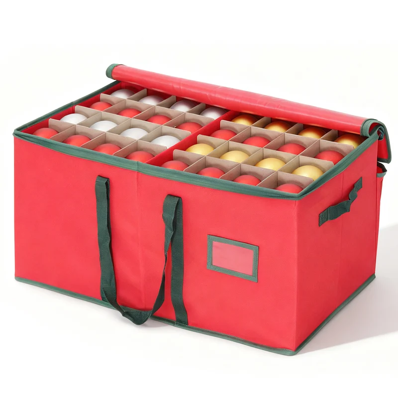 Salcar Rote Aufbewahrungsbox für 128 Weihnachtskugeln – Faltbare Christbaumkugel-Box 64,8×32,3×34,2 cm mit 128 Fächern, Tragegriffen & Doppelreißverschluss