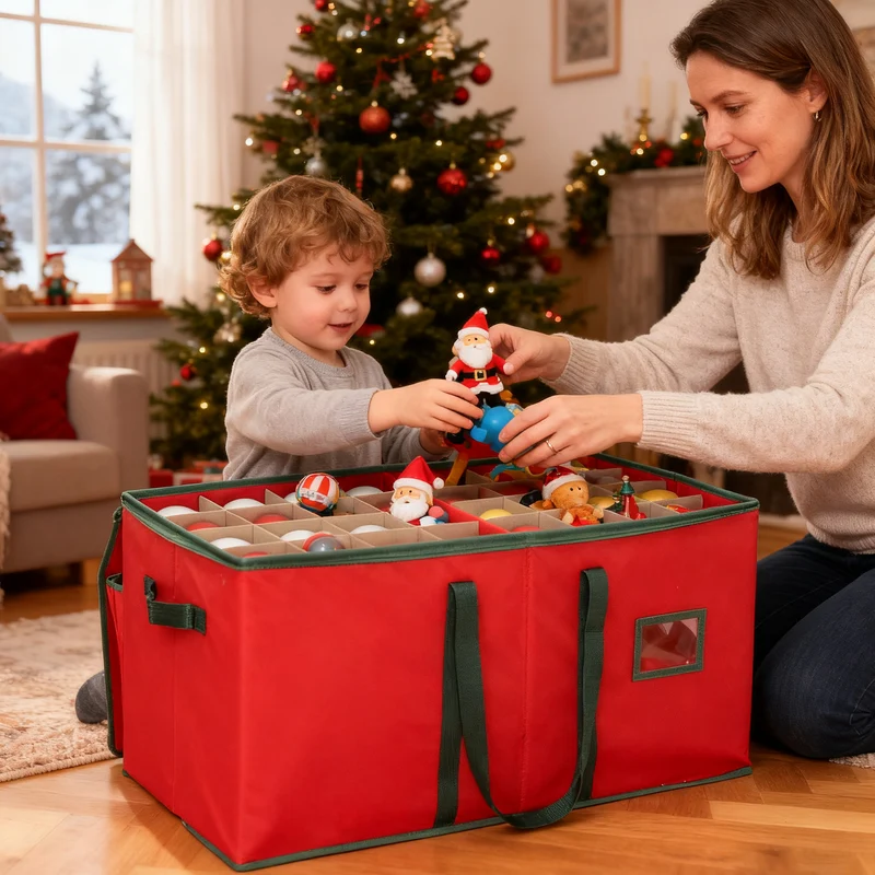 Salcar Rote Aufbewahrungsbox für 128 Weihnachtskugeln – Faltbare Christbaumkugel-Box 64,8×32,3×34,2 cm mit 128 Fächern, Tragegriffen & Doppelreißverschluss