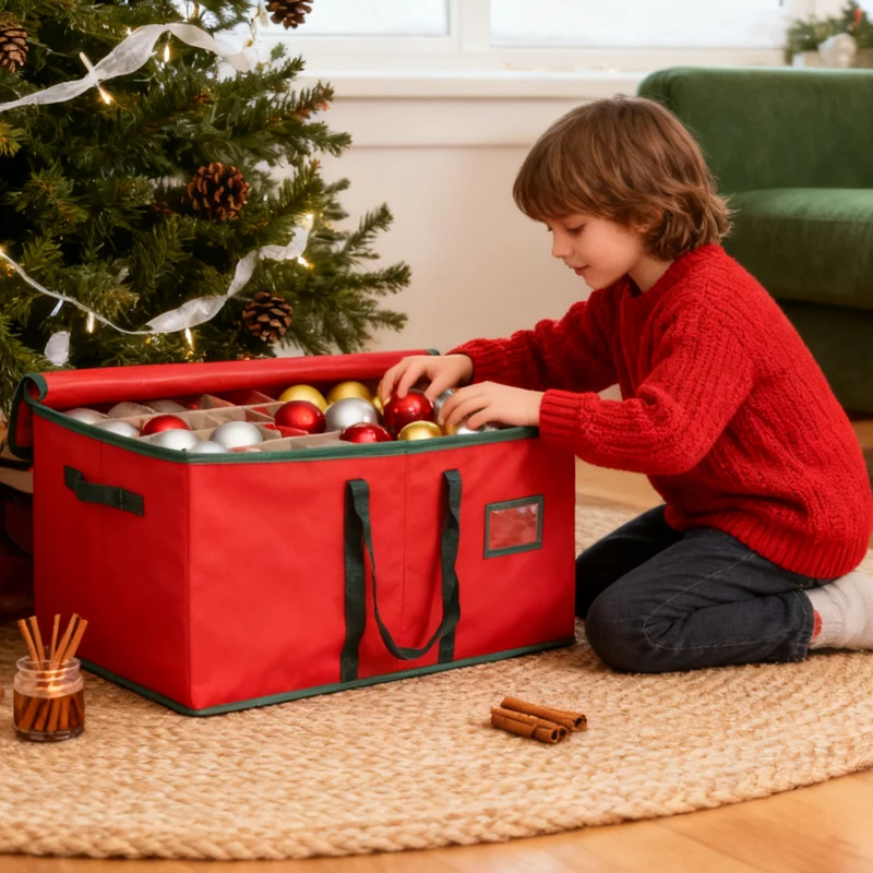 Salcar Rote Aufbewahrungsbox für 128 Weihnachtskugeln – Faltbare Christbaumkugel-Box 64,8×32,3×34,2 cm mit 128 Fächern, Tragegriffen & Doppelreißverschluss