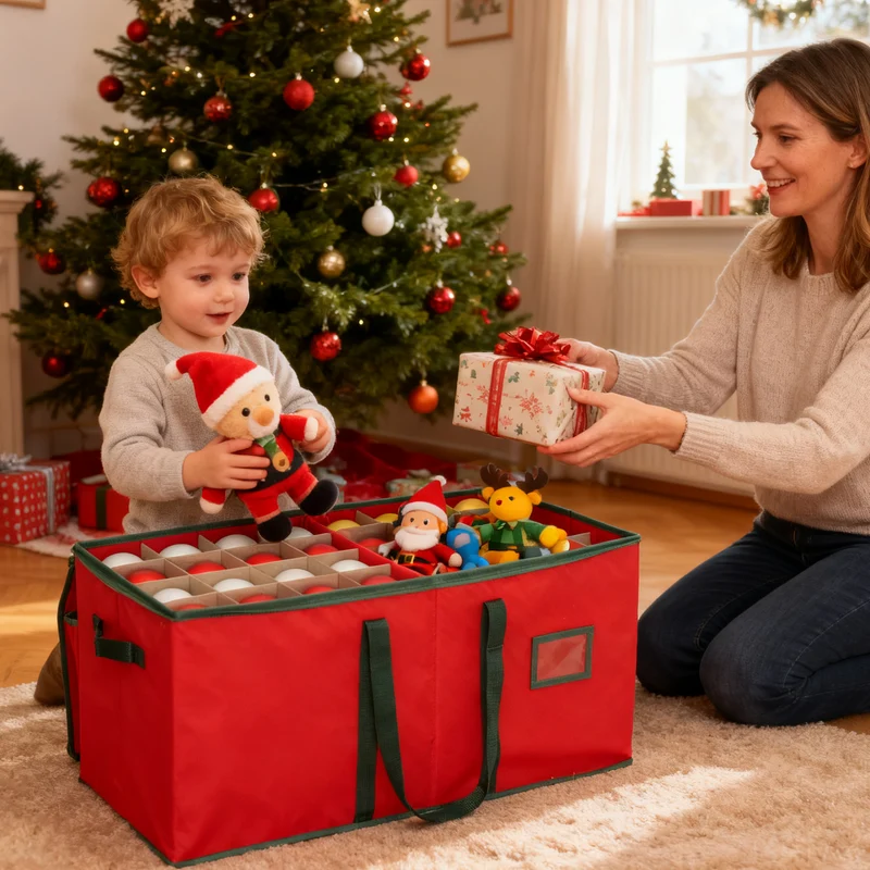 Salcar Rote Aufbewahrungsbox für 128 Weihnachtskugeln – Faltbare Christbaumkugel-Box 64,8×32,3×34,2 cm mit 128 Fächern, Tragegriffen & Doppelreißverschluss