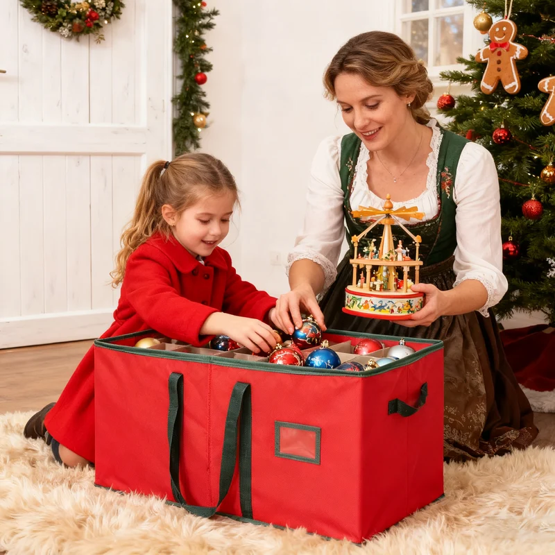 Salcar Rote Aufbewahrungsbox für 128 Weihnachtskugeln – Faltbare Christbaumkugel-Box 64,8×32,3×34,2 cm mit 128 Fächern, Tragegriffen & Doppelreißverschluss
